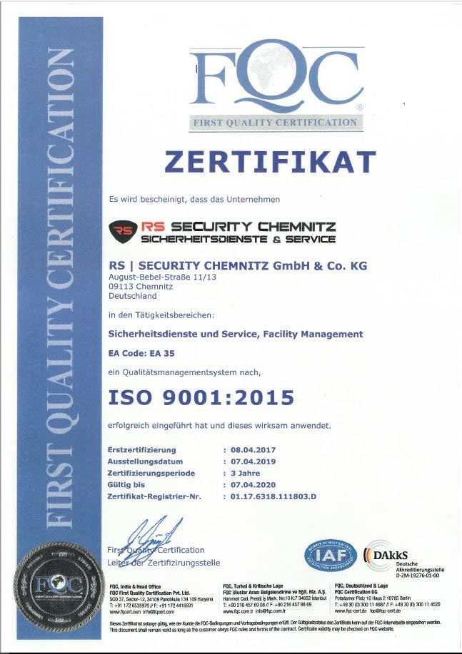 Qualitätsmanagementsystem nach ISO 9001:2008 im Bereich Sicherheitsdienste und Service, Facility Management